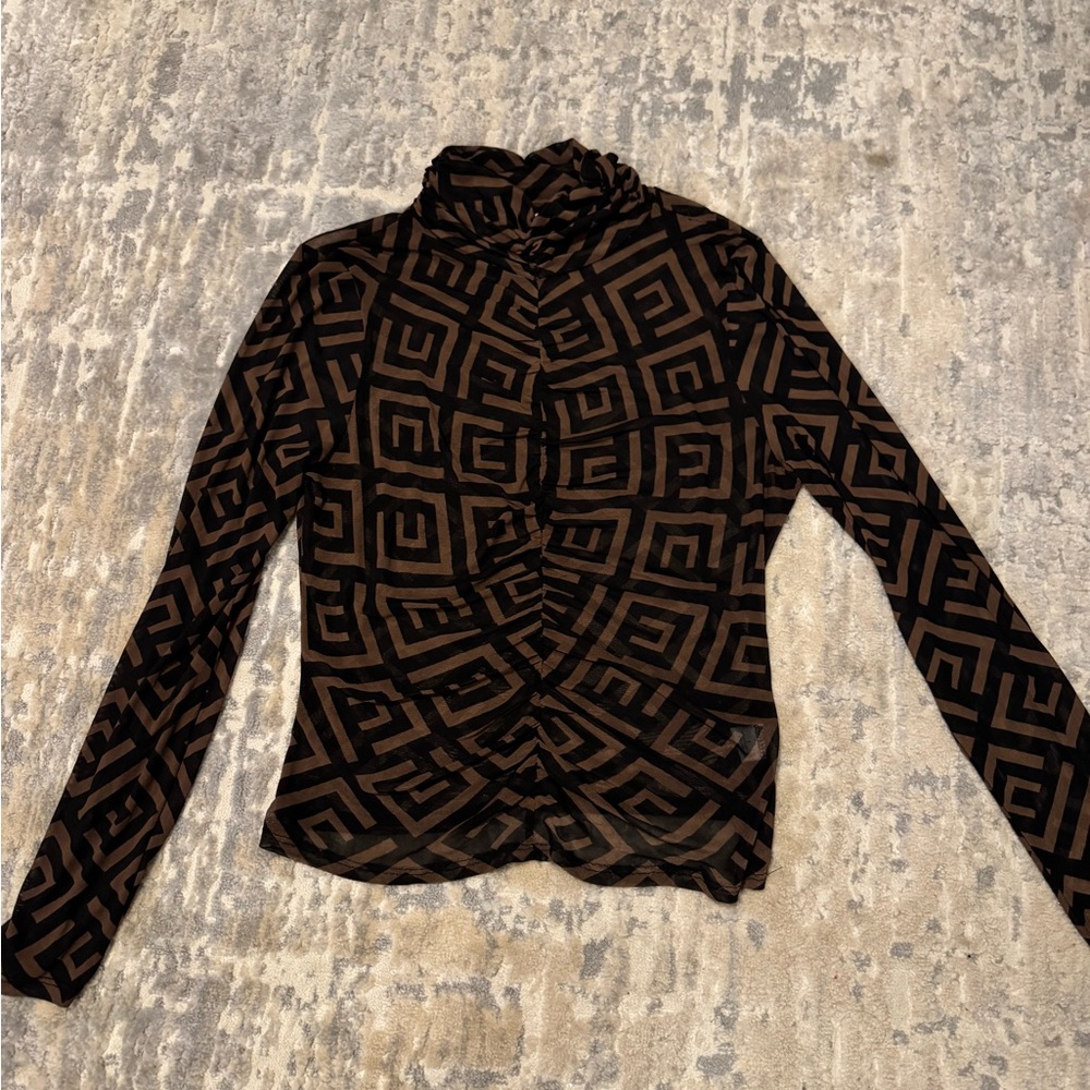Sweet Rain Geometric Mock Neck Top - Black & Brown